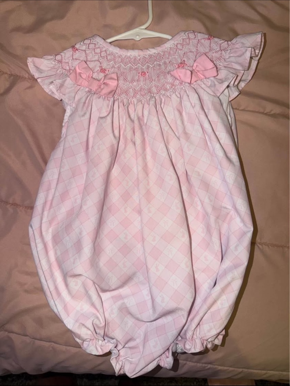 Pink Smocked girls Easter Bubble with Bows and bunny’s